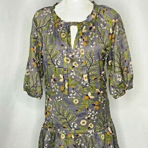 Gap Floral Shift Dress S Grey 3/4 Sleeves Tie Keyhole Neck Lined Tiered Ruffle